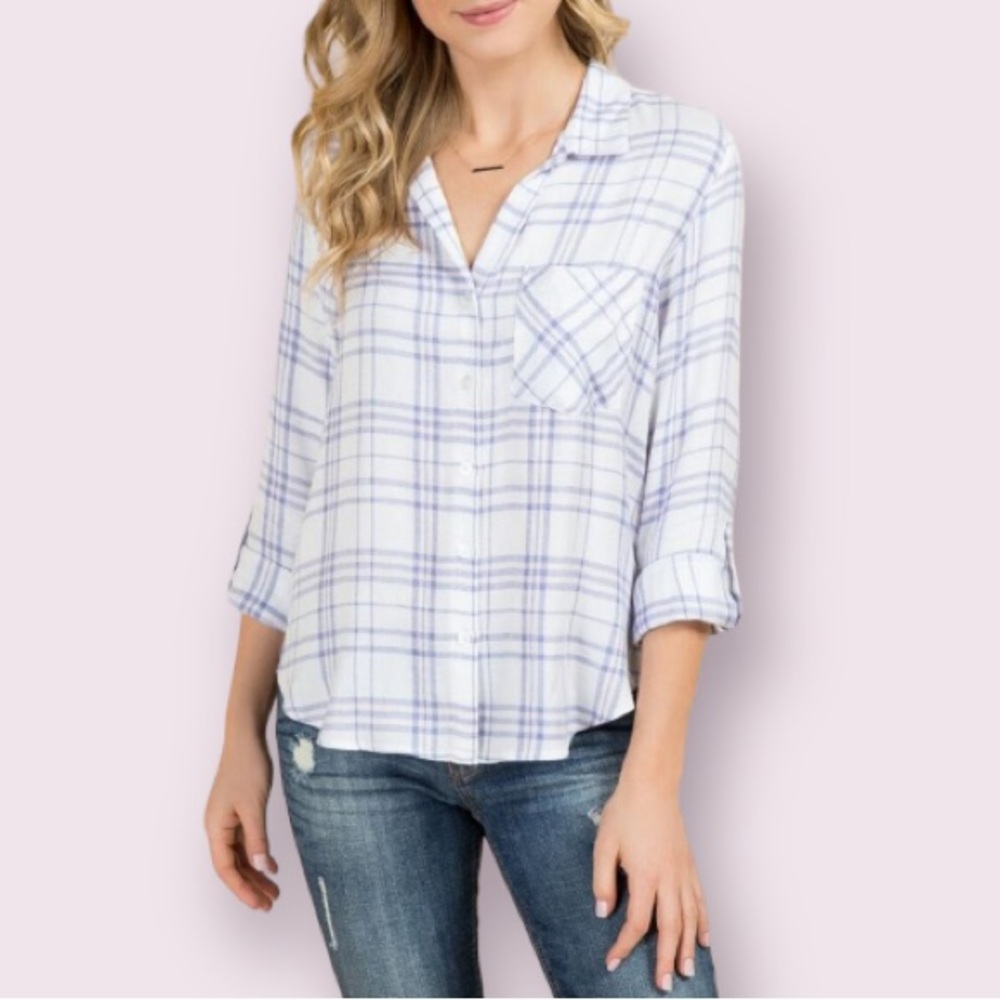 Blue Rain Pleated Back Button Down Top in White, Purple and Pink Plaid